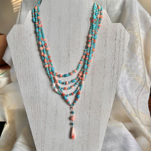 Vintage Sleeping Beauty Blue Turquoise and Coral Beaded Necklace - Picture 1 of 9